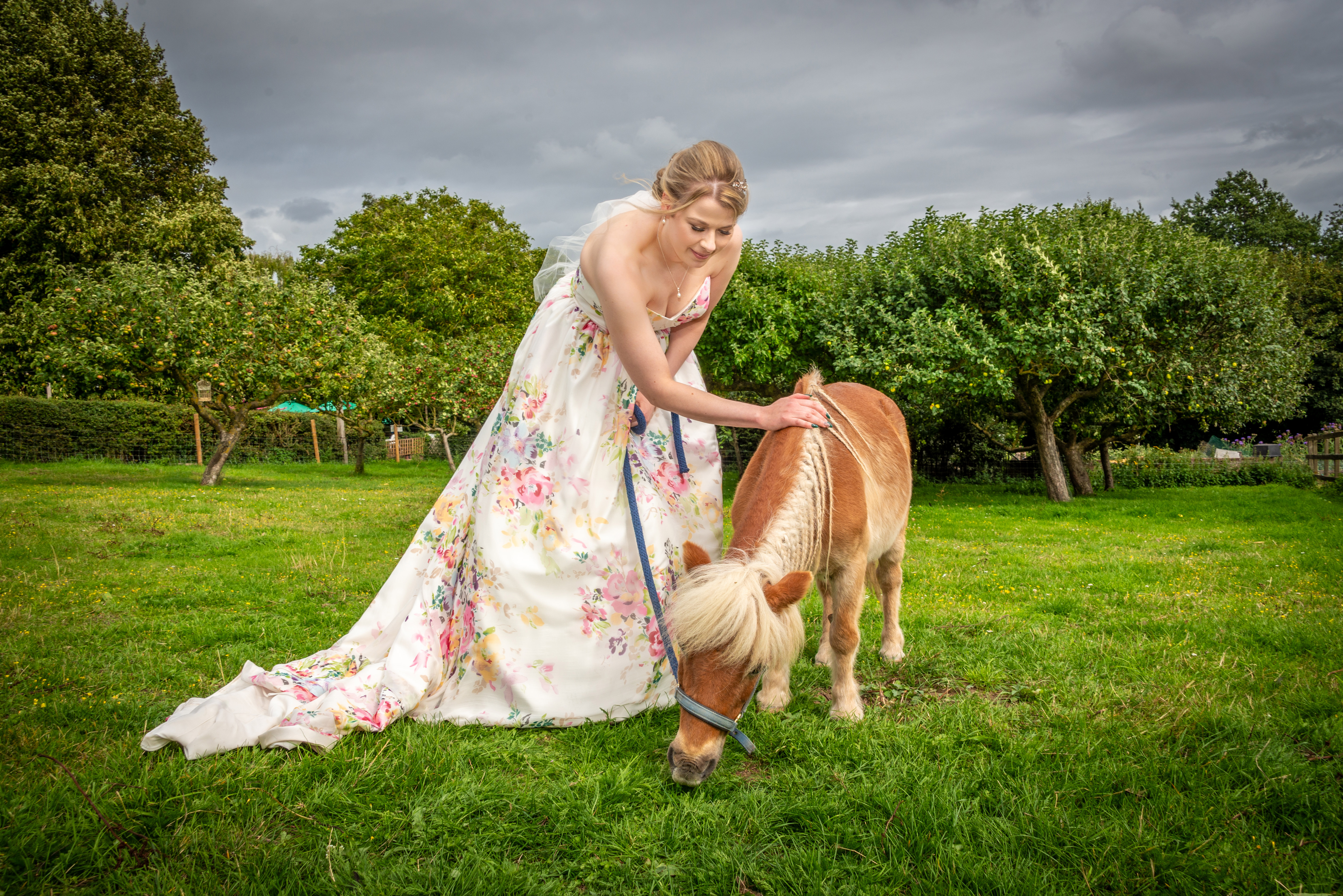 Bridal photo with a miniature pony at Kent Life wedding venue